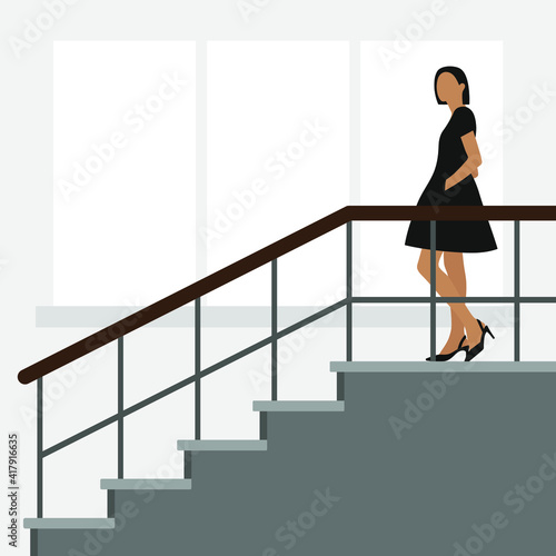 Female character in a black dress stands on the staircase against the background of a wall with a window