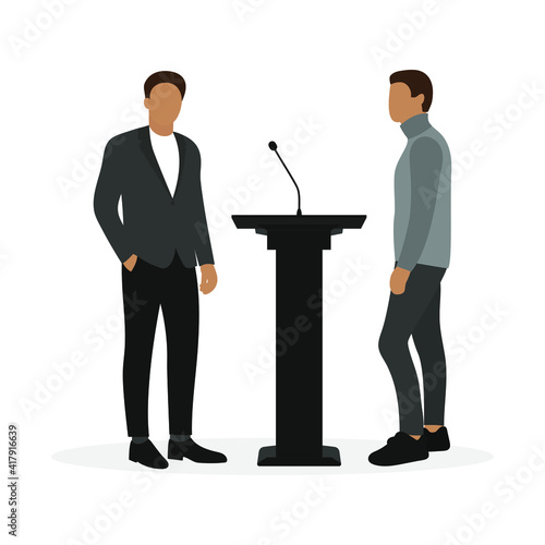 Two male characters stand near a stand with a microphone on a white background
