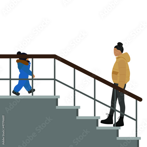 Female character and little child in warm clothes on the stairs on a white background