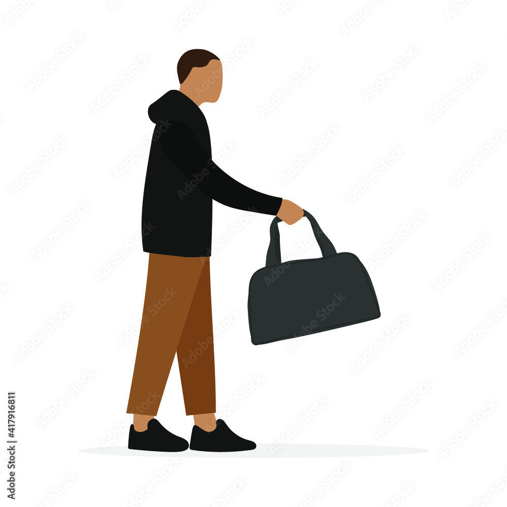 Male character raising his hand with a bag on a white background Male character raising his hand with a bag on a white background