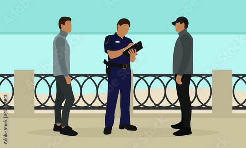 A police officer in uniform writing on a sheet of paper and two male characters are standing on the embankment