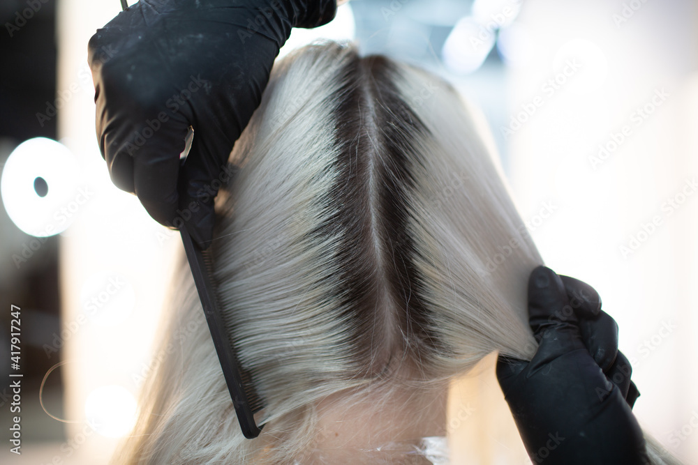 Naklejka premium Young woman hairdresser dying hair at beauty salon. Professional hair roots coloring