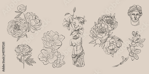 flowers and the moon in line style for tattoo, minimalist design cosmetics store, jewelry handmade, beauty salon, spa, print on clothes, delicate nude color