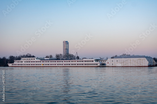 Canvas Print "Bertha-von-Suttner-Gymnasium" is a School located on a Ship, docked on the Danube river in Vienna, Austria