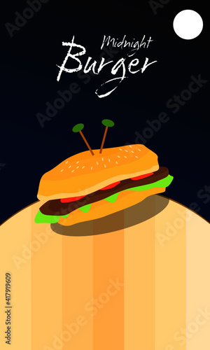 Midnight hamburger on a wooden table flat vector illustration