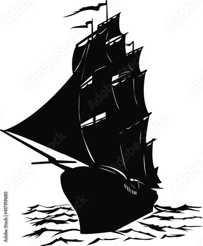 black and white vector illustration in the form of a stencil depicting a sailing ship on the waves