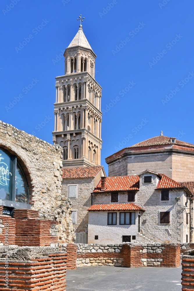 View on part of Cathedral of Saint Domnius bell tower in Split, Croatia. Diocletian palace UNESCO world heritage, Dalmatia. Old town Split, tourist attractions 