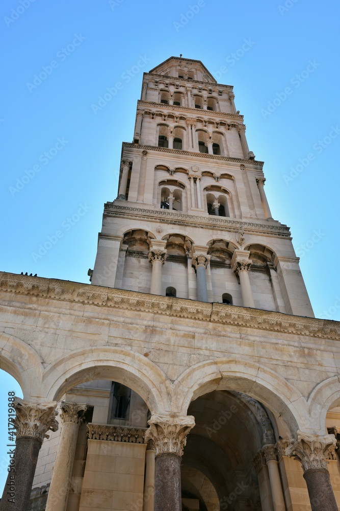 Split, Croatia - August 2020: View on part of Cathedral of Saint Domnius bell tower in Split, Croatia. Diocletian palace UNESCO world heritage, Dalmatia. Old town Split, tourist attractions 
