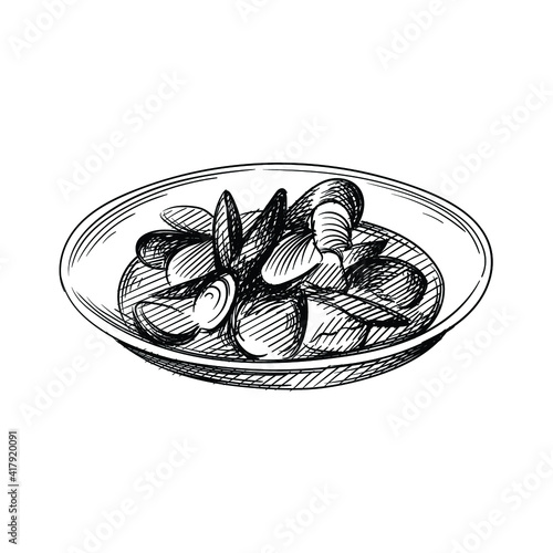 Hand drawn sketch of French Bouillabaisse soup on a white background. French cuisine. Food. Meals. Seafood soup