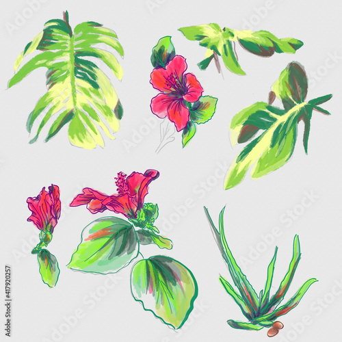 Obraz na plátně watercolor greeting card elements of palm leaves and hibiscus