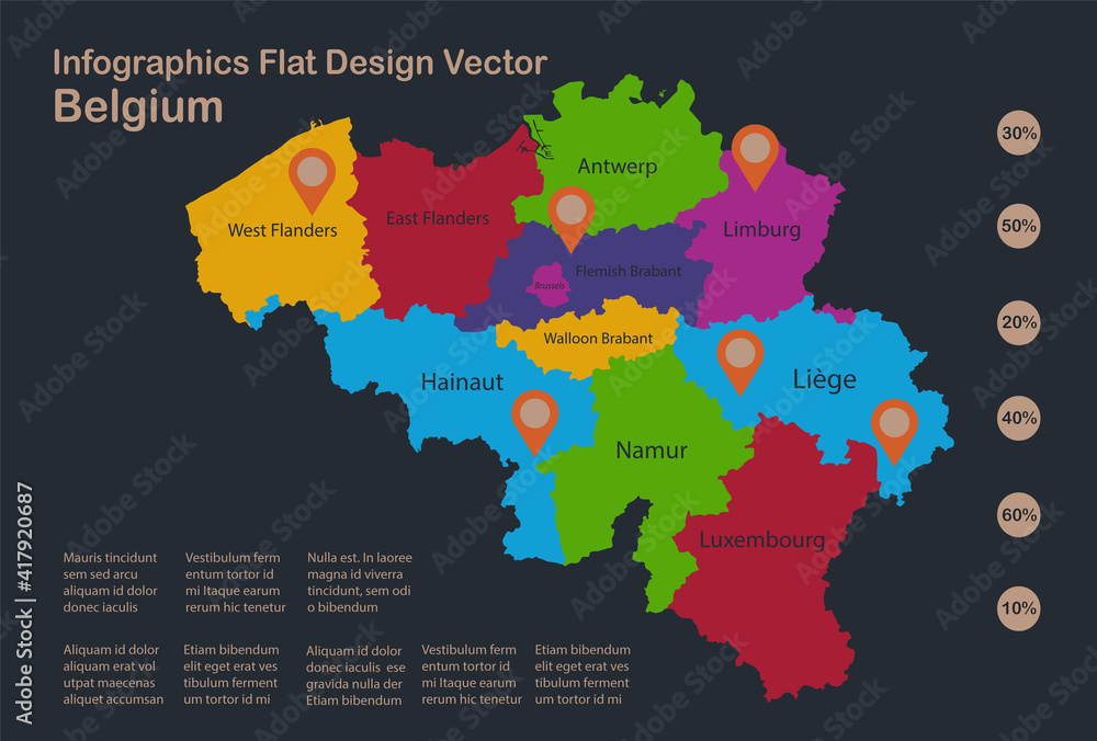 Infographics Belgium map, flat design colors, with names of individual ...