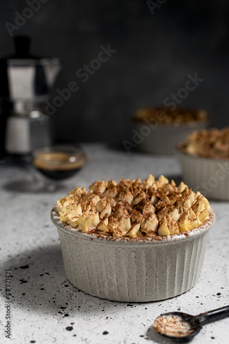 Traditional italian homemade tiramisu with mascarpone and cocoa powder