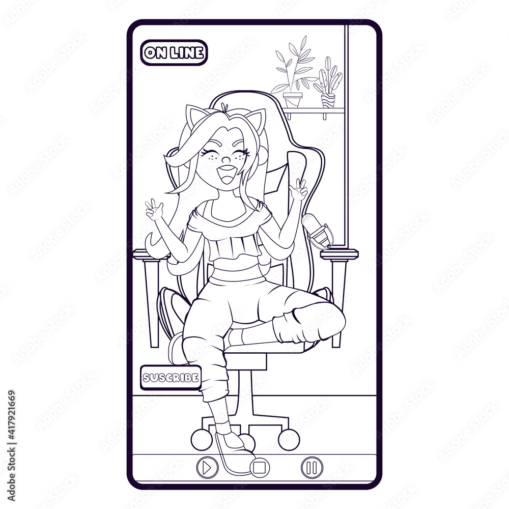 Happy girl playing online. Online streaming concept - Vector Happy girl playing online. Online streaming concept - Vector