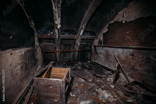 Dark burnt abandoned Soviet bunker after fire