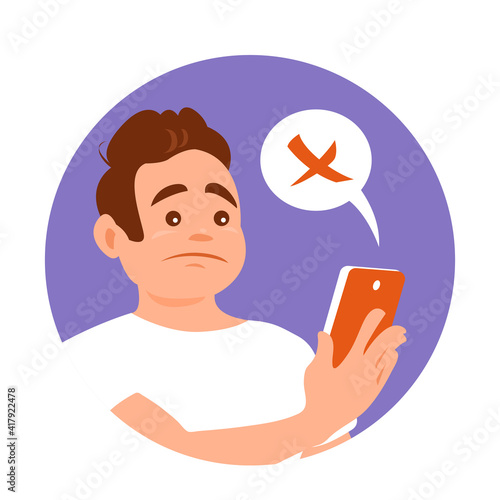 A young man looks disappointedly at a message or news on the phone. Smartphone in hand. Sad face. Vector cartoon illustration