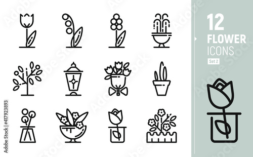 Modern flower icons. Contour icons in flat style. Solid flat icons. Garden flowers, Floristics