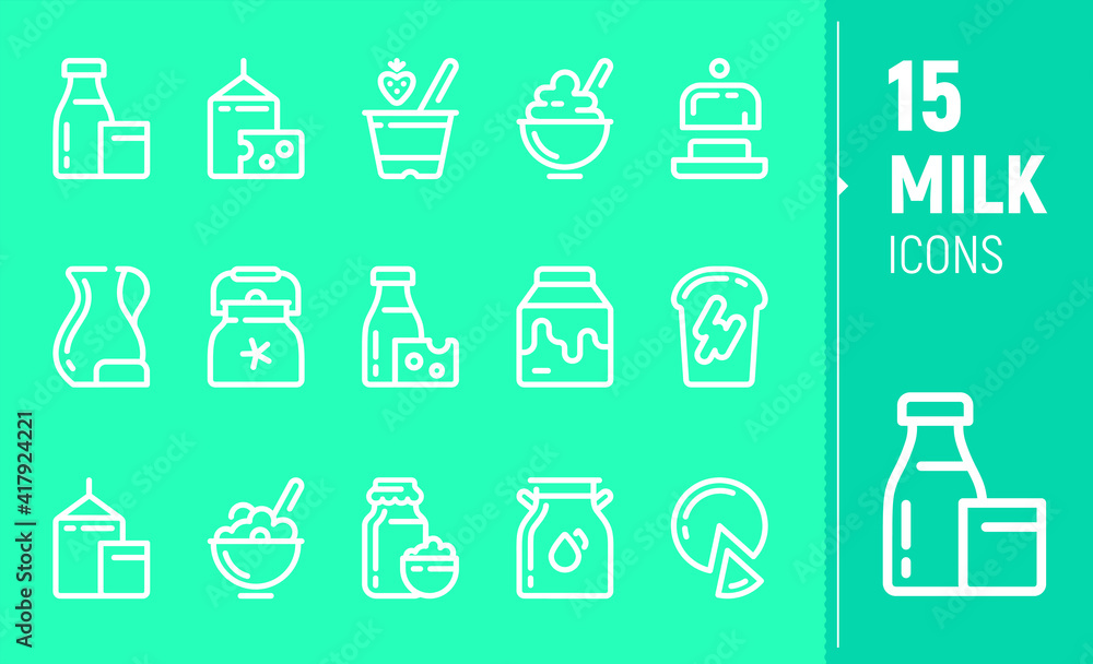 A set of contour icons of farm products: milk, a jug of milk, butter, cottage cheese, cheese. Production of dairy products. Flat icons, a bag, a bottle of milk, an oil can. A set of contour icons of farm products: milk, a jug of milk, butter, cottage cheese, cheese. Production of dairy products. Flat icons, a bag, a bottle of milk, an oil can.