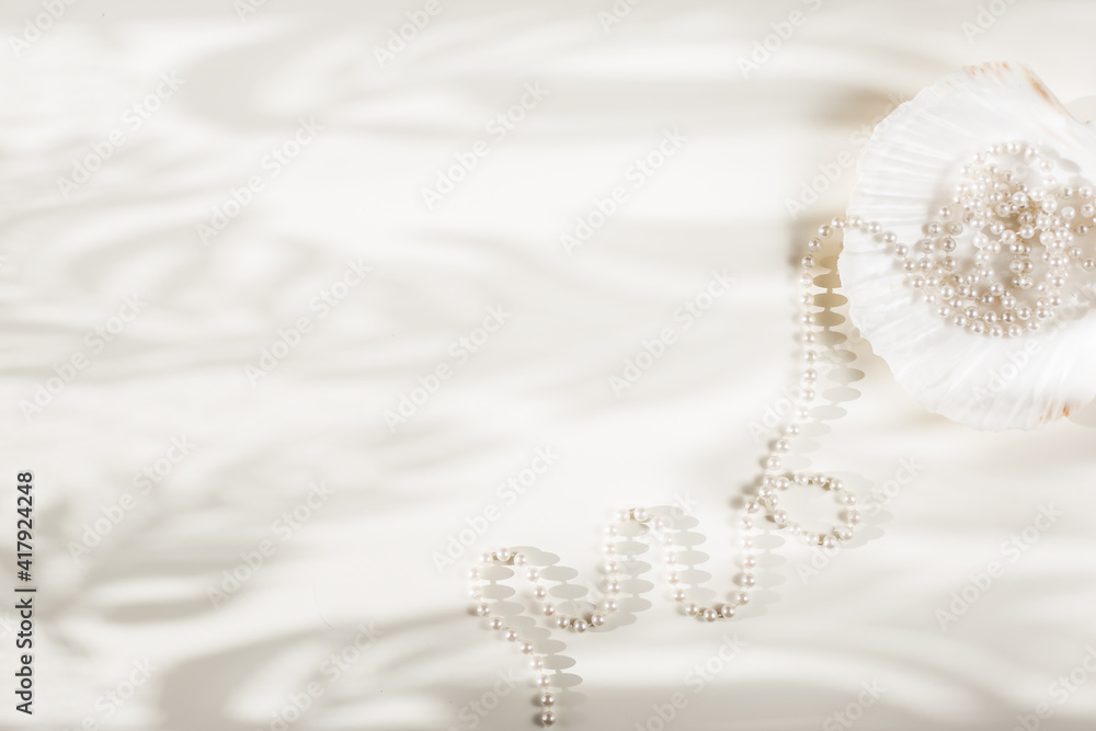 still life spa pearls and shell. Empty space for text. Flat lay top-down still life spa pearls and shell. Empty space for text. Flat lay top-down