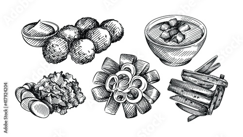 Hand drawn sketch set of Dutch cuisine. Dutch herring Hollandse Nieuwe, Hutshot, Stamppoton, Erwtensoep, Snert, pea soup, Bitterballen meat patties, Veal croquettes, Bitterballen patties, Patat fries