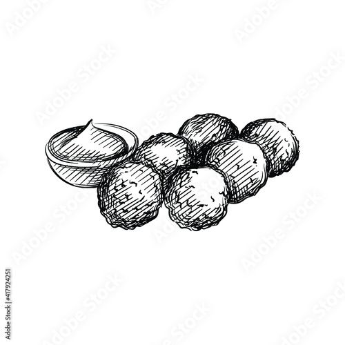 Hand drawn sketch of Dutch Bitterballen meat patties. Veal meat croquettes on a white background. Dutch cuisine. Food. Meals. 