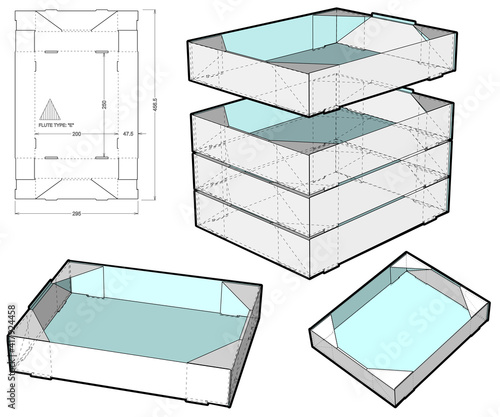 Stackable Tray and Die-cut Pattern. The .eps file is full scale and fully functional. Prepared for real cardboard production.