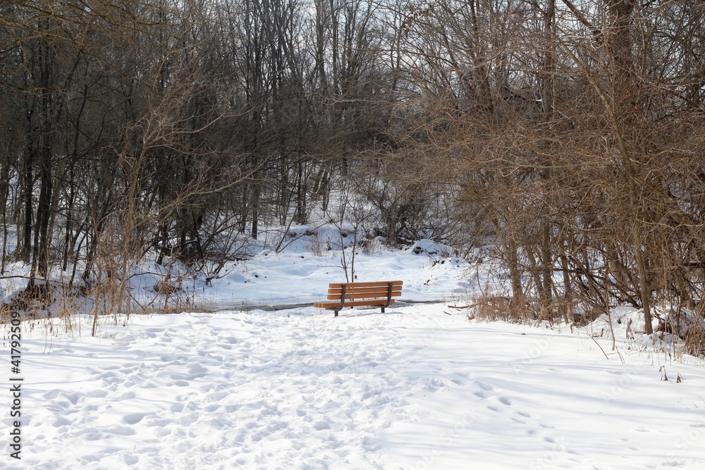 The wood bench on the snowy trail in the forest.