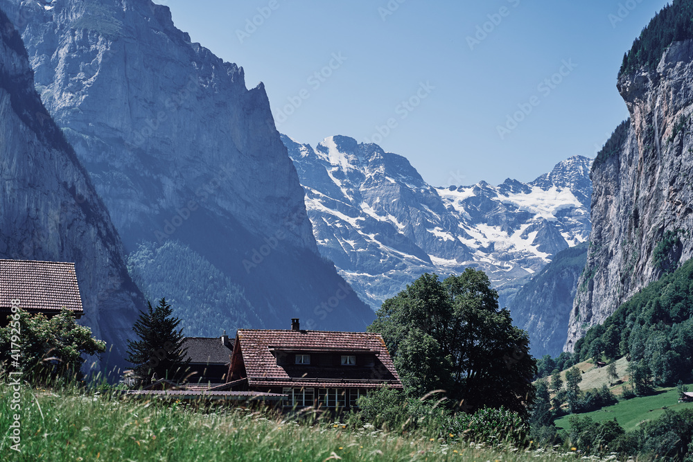 Lauterbrunnen town. Beautiful swiss village in Alps Mountains.