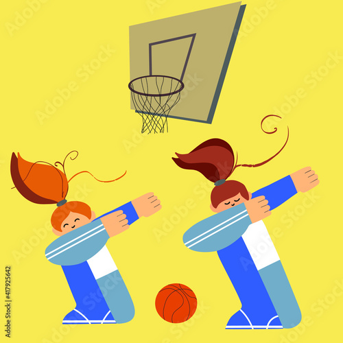 two girls doing dab gesture, victory, teamwork, sports, basketball