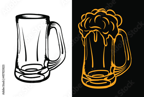 hand-drawing beer glass, Vector. vintage retro beer vector illustration.  Glass of beer isolated vector illustration, minimal design. beer glasses with bubbles.