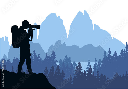 Man taking picture of landscape. Mountains and forest in the background. Silhouette of photographer with blue background. Illustration.
