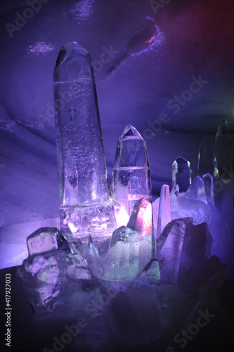 ice cristal sculptures In purple light