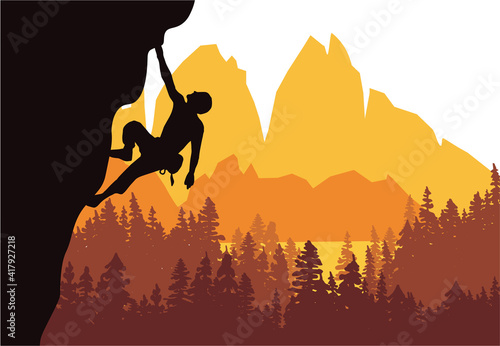 Man climbing rock overhang. Mountains and forest in the background. Silhouette of climber with brown, orange and yellow background. Illustration.
