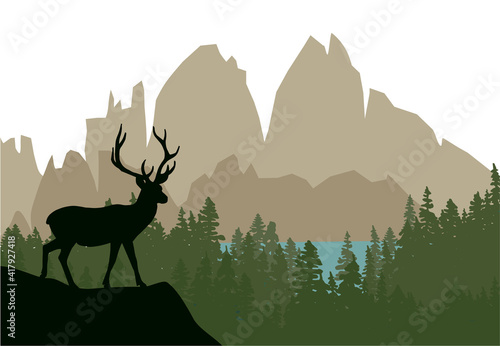 Deer with antlers posing on the top of the hill with mountains and the forest in background. Silhouette with green  blue and brown background  illustration.