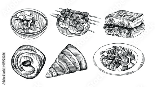 Hand drawn sketch set of Greek  cuisine. Greek Fasolata soup, Chicken Souvlaki, Greek Baklava, Taramosalata, Greek Salad, Spanakopita 