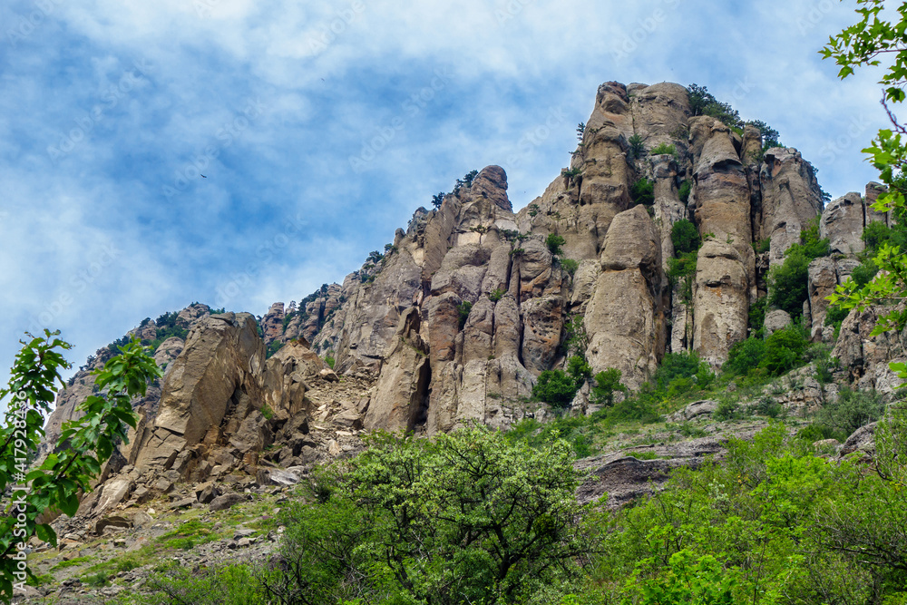 Mountains in stage of formation to so called erosion pillars or Devil fingers (folk name). Shot in Valley of Ghosts, Alushta, Crimea