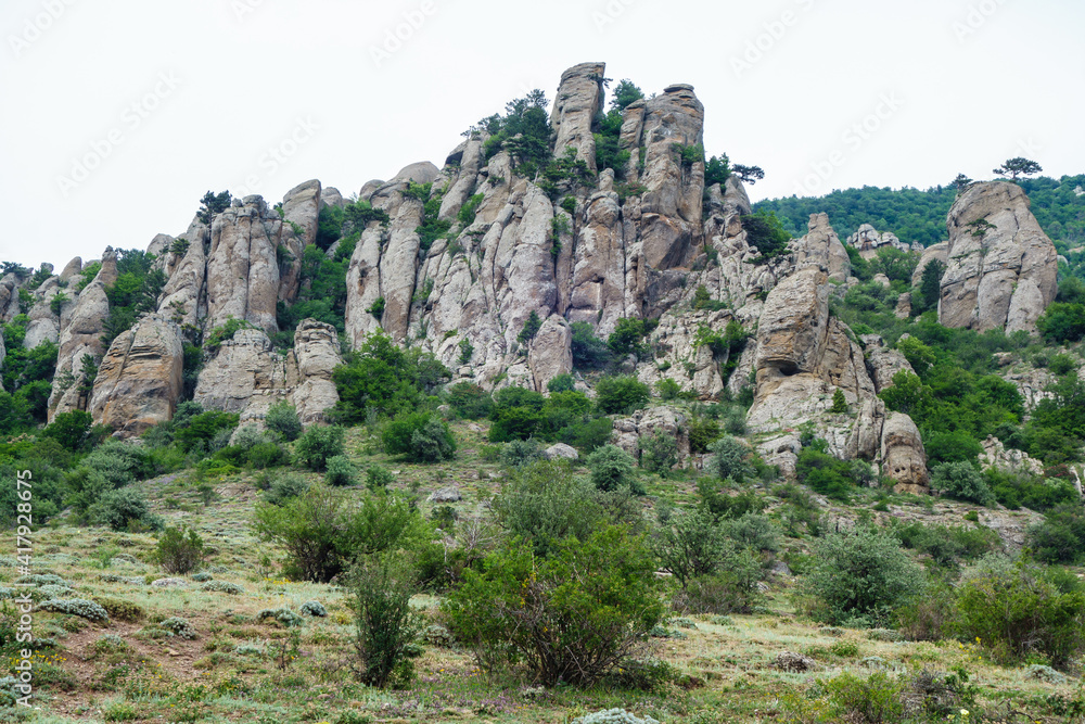 Prehistoric mountains with strange shapes, caused by endless weathering during many centuries. Shot in Valley of Ghosts, near Alushta, Crimea