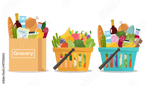 Grocery in a shopping basket and a paper bag. Vector illustration.