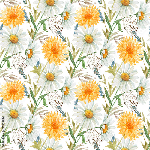 seamless pattern with watercolor tender yellow and white flowers and plants  hand painted on a white background