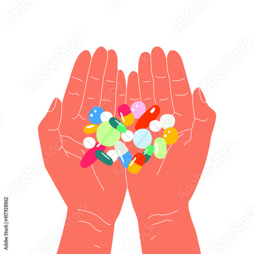 Flat vector illustration of hands holding various capsules and pills. Treatment with antidepressants. The concept of taking supplements and vitamins daily