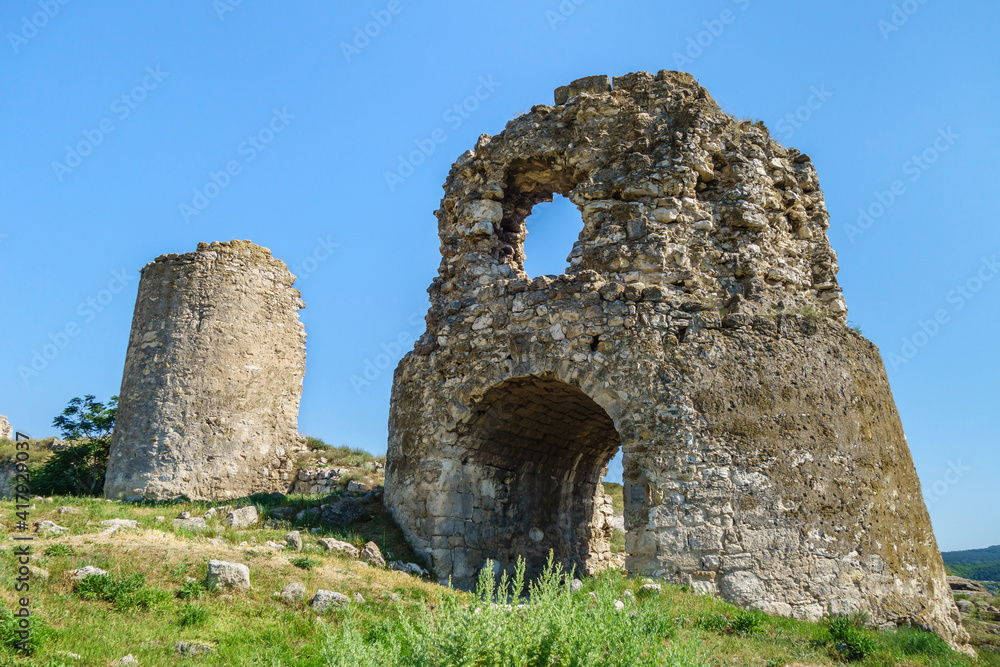 Remains of powerful towers of fortress Kalamita, Inkerman, Crimea. Fortification was founded by Byzantines in VI. In XV it was captured by Turks. Now it's tourist place nearby Inkerman Cave monastery