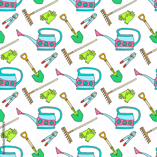 Seamless vector illustration with garden tools on a white background. The drawing is drawn by hand. photo