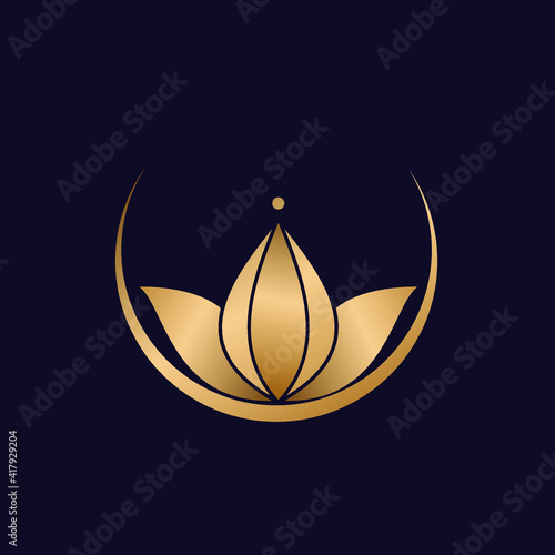 Lotus flower logo.Yoga, meditation, beauty, spa concept.Blooming petals.Shiny gold color symbol isolated on dark background.Elegant, luxury style icon.Nature, floral element.