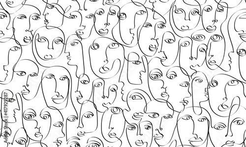 Abstract face seamless pattern. Continuous line portraits. Modern texture for print  fabrics  textile