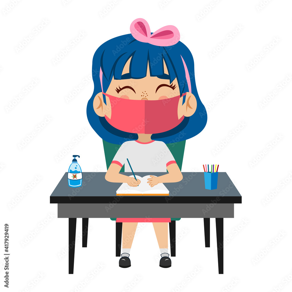 Girl studying wearing a face mask. Back to school - Vector illustration Girl studying wearing a face mask. Back to school - Vector illustration