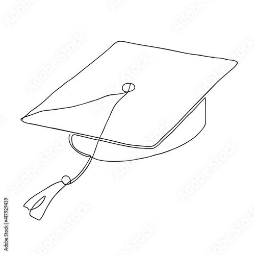 Single continuous line art graduation cap. Celebration ceremony or master degree concept, academy graduate design. One sketch outline drawing vector illustration art