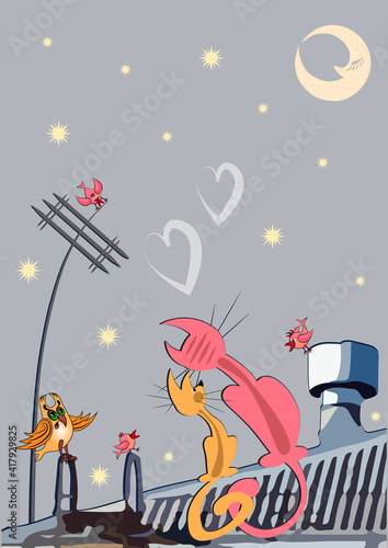 cats in love on the roof, March cats meow on the moon