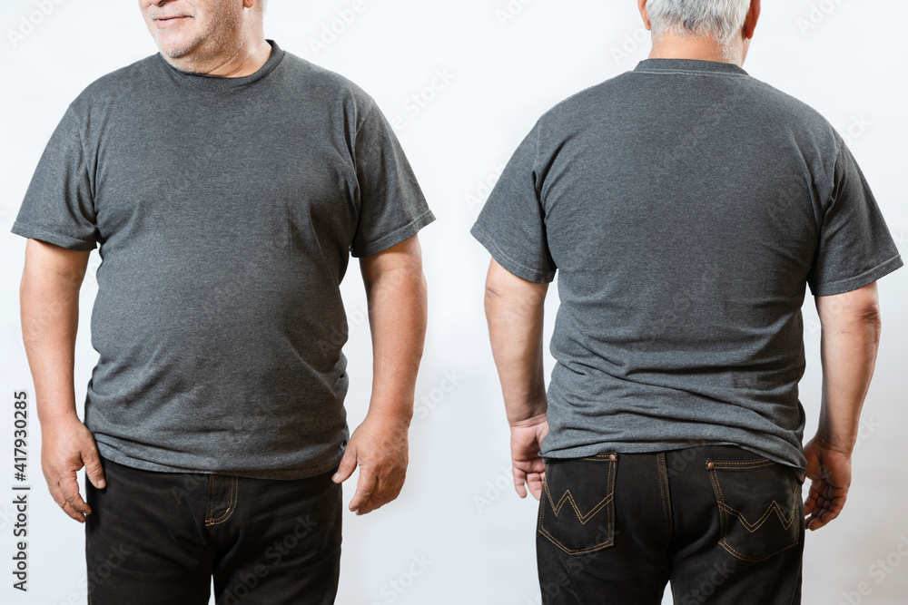 Fat man t-shirt mockup -gray t-shirt mockup on elderly - front and back Photo Adobe Stock