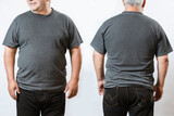 Fat man t-shirt mockup -gray t-shirt mockup on elderly man - front and back