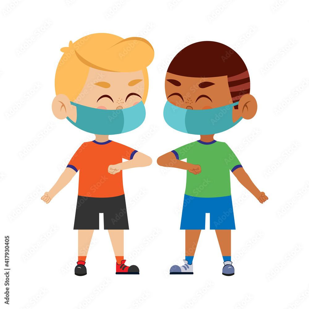 Children waving elbow and wearing masks - Vector