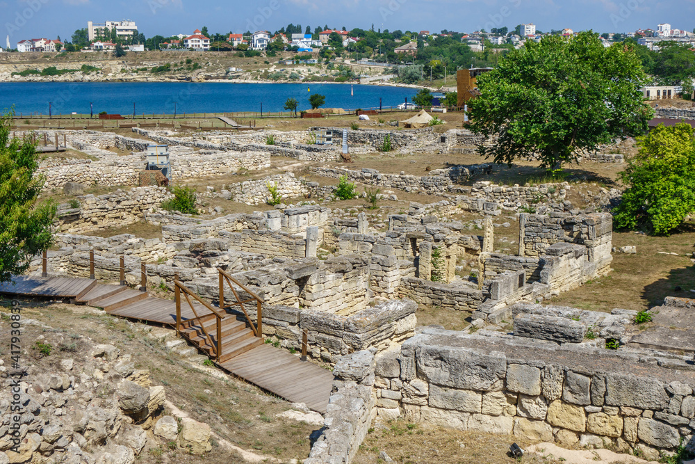 Panorama of ancient city Chersonesus. It was founded in antiquity by Greeks in VI BC. Modern city Sevastopol (Crimea) is on background